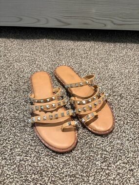 Studded Tan Leather Slide Sandals for Women